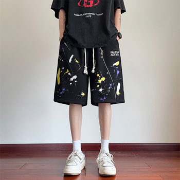 Ανδρικά σορτς σε αμερικανικό ρετρό στυλ, φαρδιά γραμμή, μέση με ζώνη, σχέδιο εκτύπωσης, ελαστικό πολυεστερικό ύφασμα