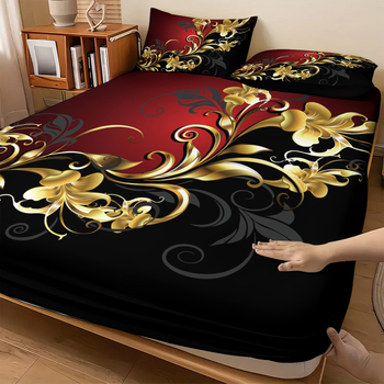 Trys dalių patalynės komplektas su lovos apdaila ir dviem pagalvių užvalkalais, gėlių 3D skaitmeninis spausdinimas, 90gsm cheminis pluoštas