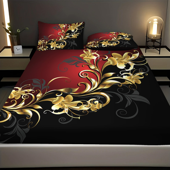 Trys dalių patalynės komplektas su lovos apdaila ir dviem pagalvių užvalkalais, gėlių 3D skaitmeninis spausdinimas, 90gsm cheminis pluoštas