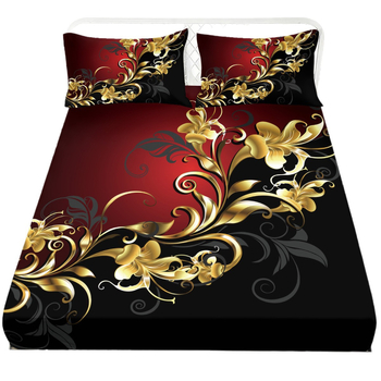 Trys dalių patalynės komplektas su lovos apdaila ir dviem pagalvių užvalkalais, gėlių 3D skaitmeninis spausdinimas, 90gsm cheminis pluoštas