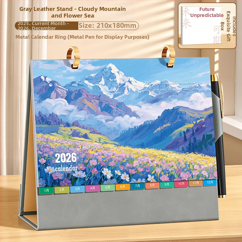 Asztali naptár 2026: retro kínai stílus, egyszerű és modern dizájn, PU bőr, logónyomtatás elérhető, univerzális ajándék.