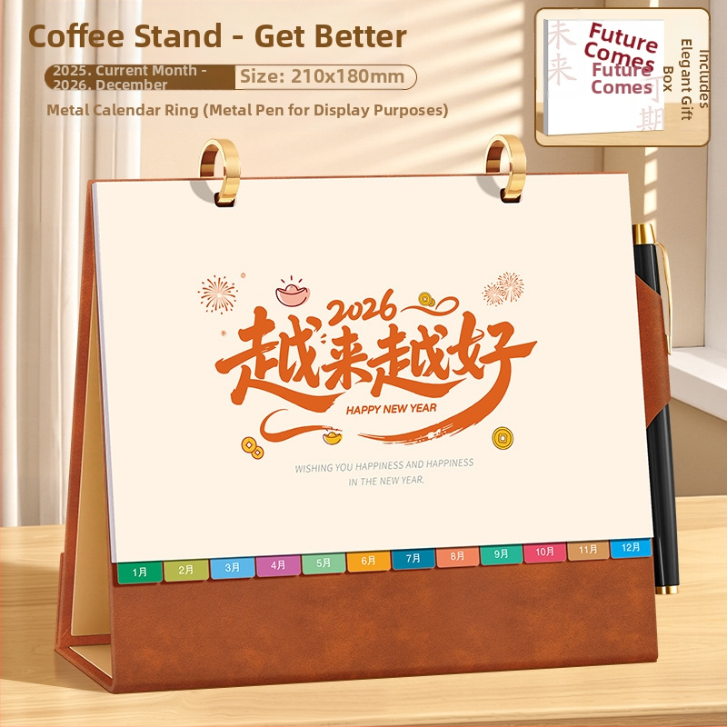 Asztali naptár 2026: retro kínai stílus, egyszerű és modern dizájn, PU bőr, logónyomtatás elérhető, univerzális ajándék.