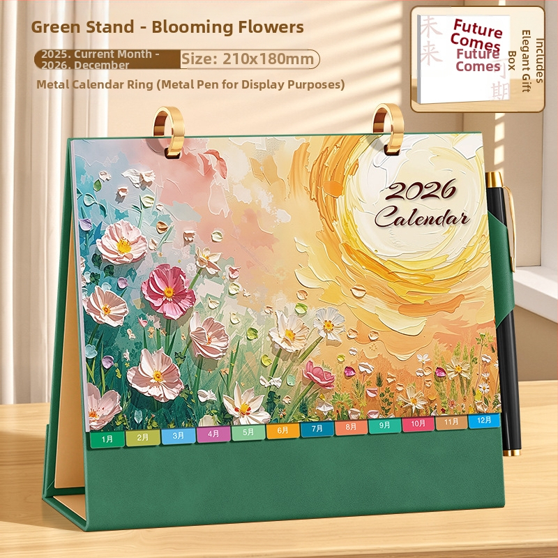 Asztali naptár 2026: retro kínai stílus, egyszerű és modern dizájn, PU bőr, logónyomtatás elérhető, univerzális ajándék.