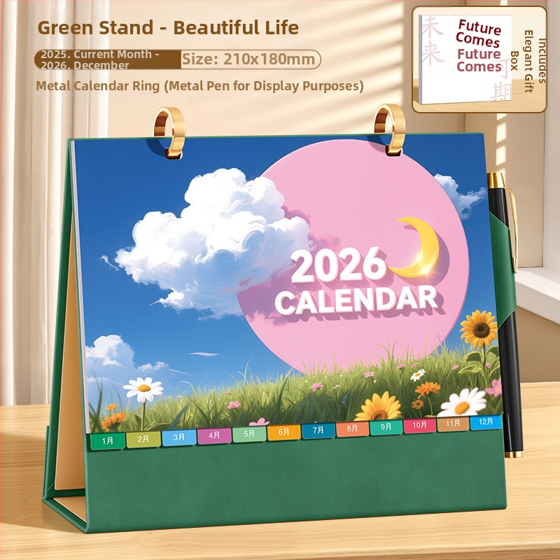 Asztali naptár 2026: retro kínai stílus, egyszerű és modern dizájn, PU bőr, logónyomtatás elérhető, univerzális ajándék.