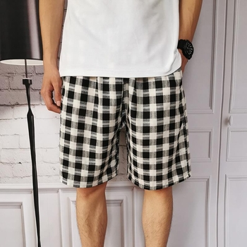 Ανδρικά καλοκαιρινά σορτς οικιακής χρήσης, ιάπων στυλ, καρό σχέδιο, υψηλή μέση, κοντό μήκος, ίσιο κόψιμο, λεπτό ύφασμα