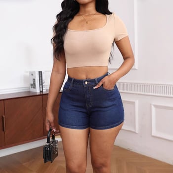 Șort din denim cu talie înaltă, elastici, lungime ¾, croială slim