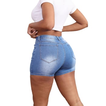 Șort din denim cu talie înaltă, elastici, lungime ¾, croială slim