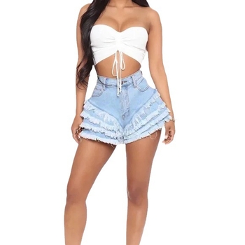 Дамски дънкови къси панталони с висока талия и ресни, деним; памук-вискоза смес 80–90% памук, стил уличен хипстър