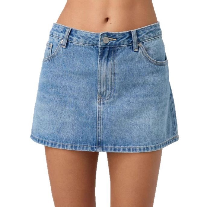 Ženska traper suknja — uski kroj, srednji pojas, ravna silueta, isprani elastični denim