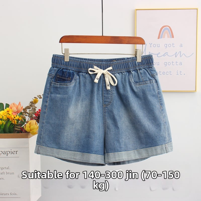 Moterų džinsiniai šortai su elastine juosta, laisvas kirpimas, tiesa kelnių linija, lengvas medvilnės mišinys (70-80%)