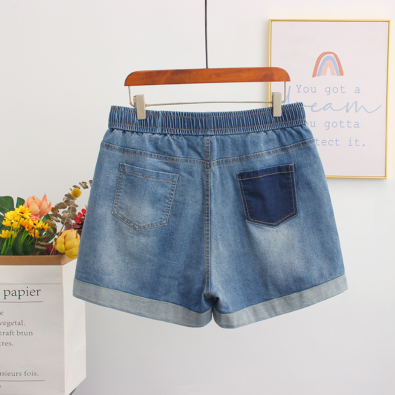 Moterų džinsiniai šortai su elastine juosta, laisvas kirpimas, tiesa kelnių linija, lengvas medvilnės mišinys (70-80%)