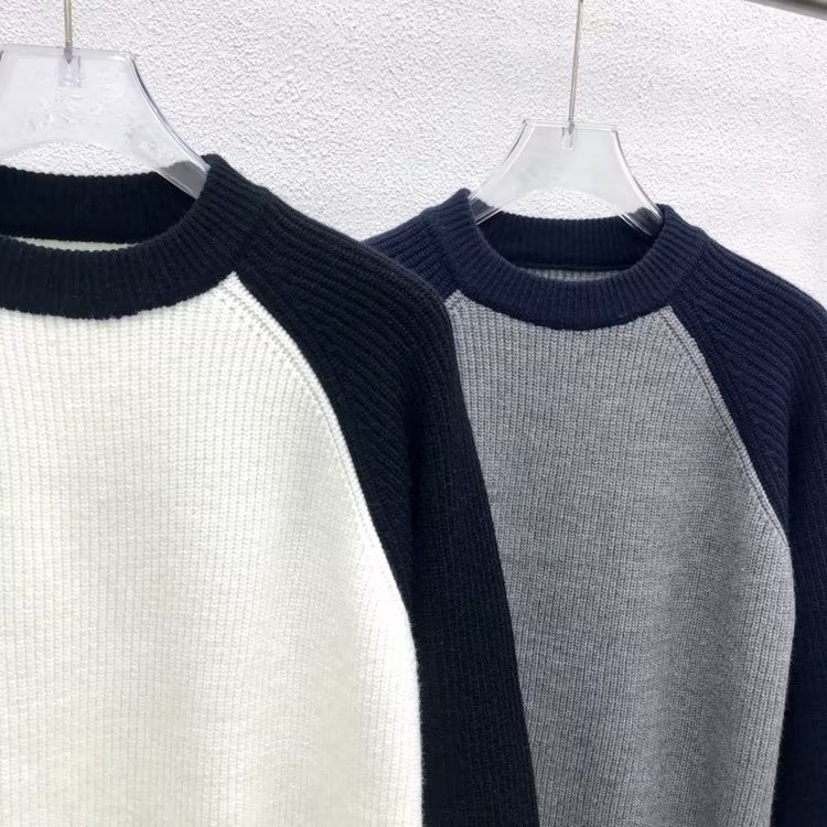 Pulover bărbați cu panouri contrastante, casual de iarnă, croială lejeră, guler rotund, mâneci lungi (amestec bumbac-poliester; 95% poliester)