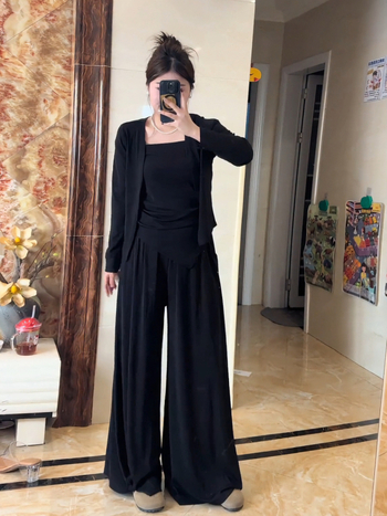 Комплект от три части за жени – корейски стил, дълги ръкави, кардиган с висящ врат и широки панталони, PVC и регенерирана целулоза, есен 2025