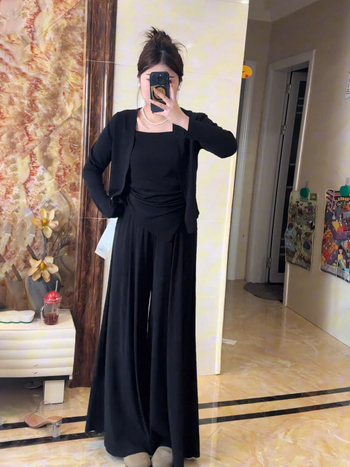 Τρία κομμάτια γυναικείο σετ – Κορεατικό στυλ, μακριά μανίκια, καρντάγκαν με κρεμαστό λαιμό και ευρείες παντελόνες, PVC και αναγεννημένη κυτταρίνη, Φθινόπωρο 2025