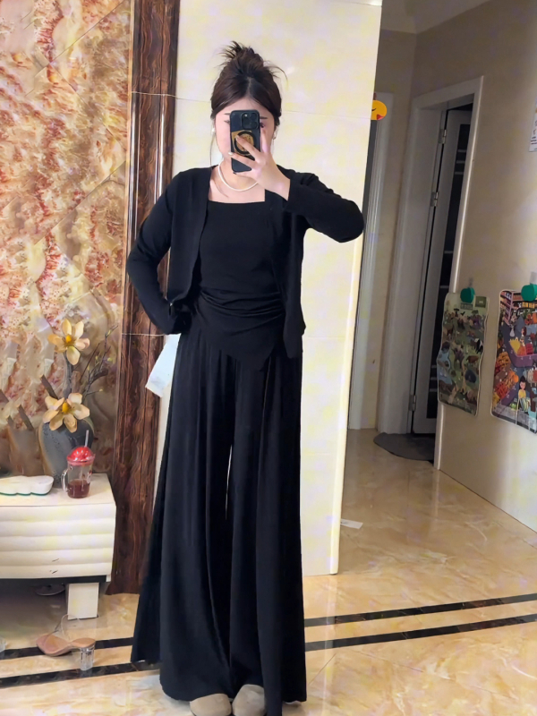 Комплект от три части за жени – корейски стил, дълги ръкави, кардиган с висящ врат и широки панталони, PVC и регенерирана целулоза, есен 2025