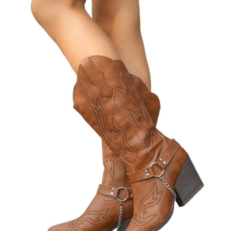 Botă de călărie din piele artificială, gât înalt, vârf ascuțit, toc mediu 3–5 cm, stil pull-on