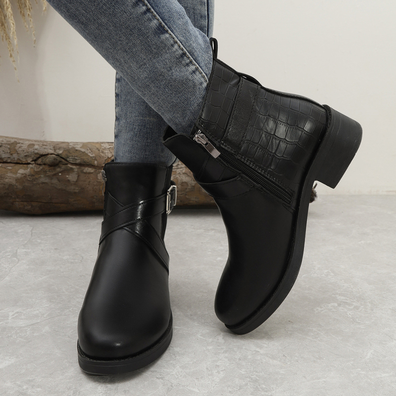 Ghete de damă elegante cu PU partea superioară, fermoar pe lateral, vârf rotund, toc gros 3–5 cm