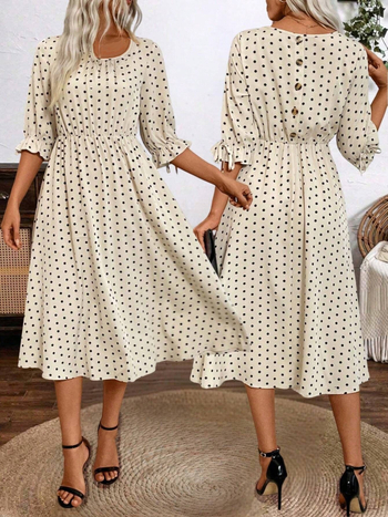Rochie midi A-line cu buline, guler U, mâneci clopot 3/4, talie medie, poliester-elastan