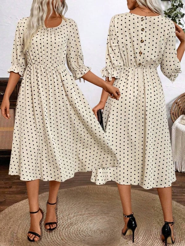 Rochie midi A-line cu buline, guler U, mâneci clopot 3/4, talie medie, poliester-elastan