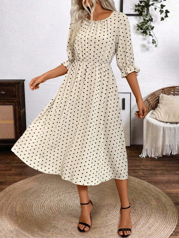 Rochie midi A-line cu buline, guler U, mâneci clopot 3/4, talie medie, poliester-elastan