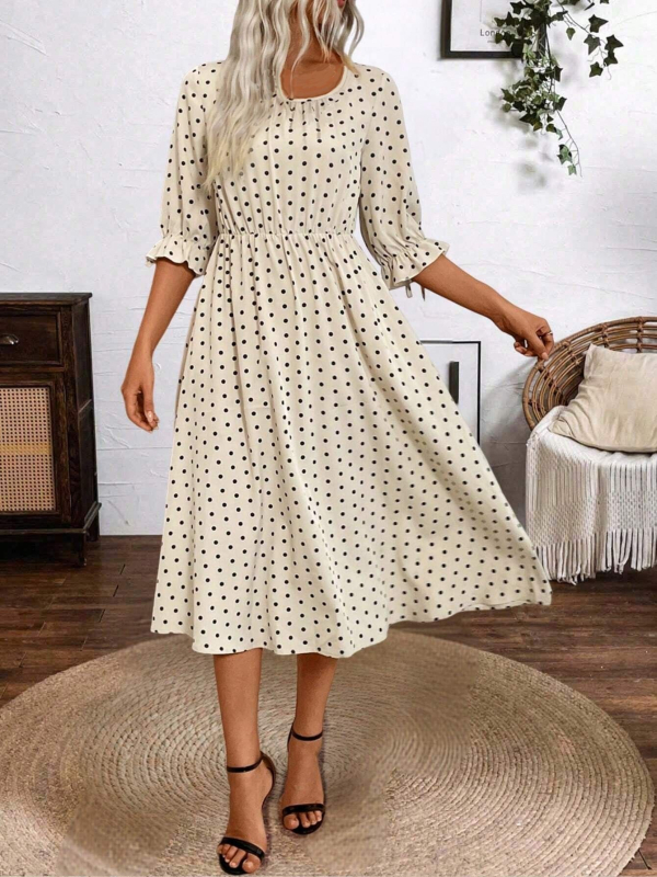 Rochie midi A-line cu buline, guler U, mâneci clopot 3/4, talie medie, poliester-elastan
