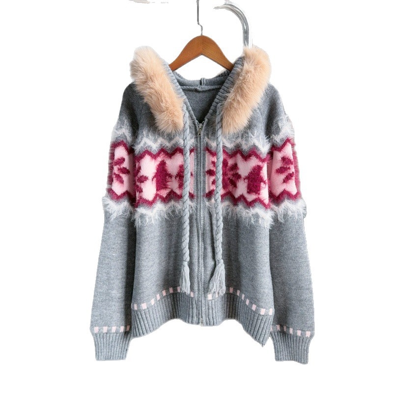 Cardigan s kapuljom i zatvaračem, geometrijski paneli, poliester/akril materijal, dugačka rukava