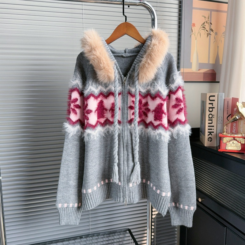 Cardigan s kapuljom i zatvaračem, geometrijski paneli, poliester/akril materijal, dugačka rukava