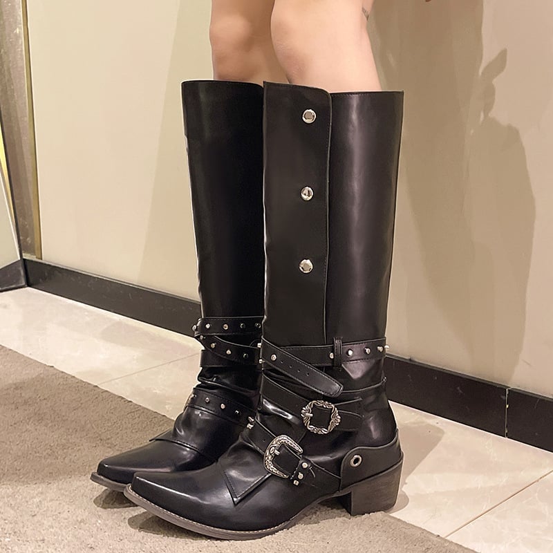 Lovagcsizmák szegecsekkel, punk stílus, magas csizmaszár, PU műbőr felső, gumírozott talp, hegyes orr, középmagas sarok 3–5 cm