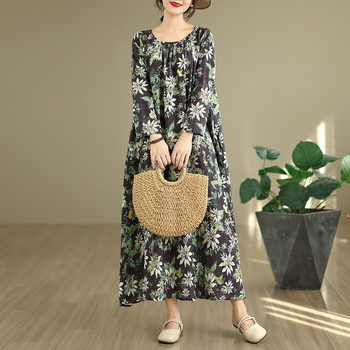 Φόρεμα Α-γραμμής από βαμβακοπολυεστέρα με στρογγυλό λαιμό, μακριά φουσκωτά μανίκια, ελαφριά μέση, μεσαίο μήκος, φλοράλ τύπωμα (Φθινόπωρο 2025)