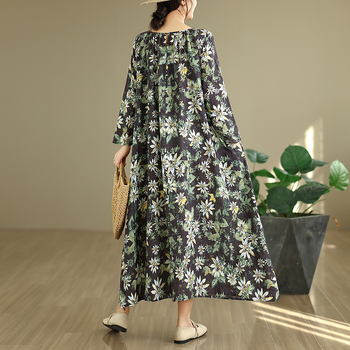 Φόρεμα Α-γραμμής από βαμβακοπολυεστέρα με στρογγυλό λαιμό, μακριά φουσκωτά μανίκια, ελαφριά μέση, μεσαίο μήκος, φλοράλ τύπωμα (Φθινόπωρο 2025)