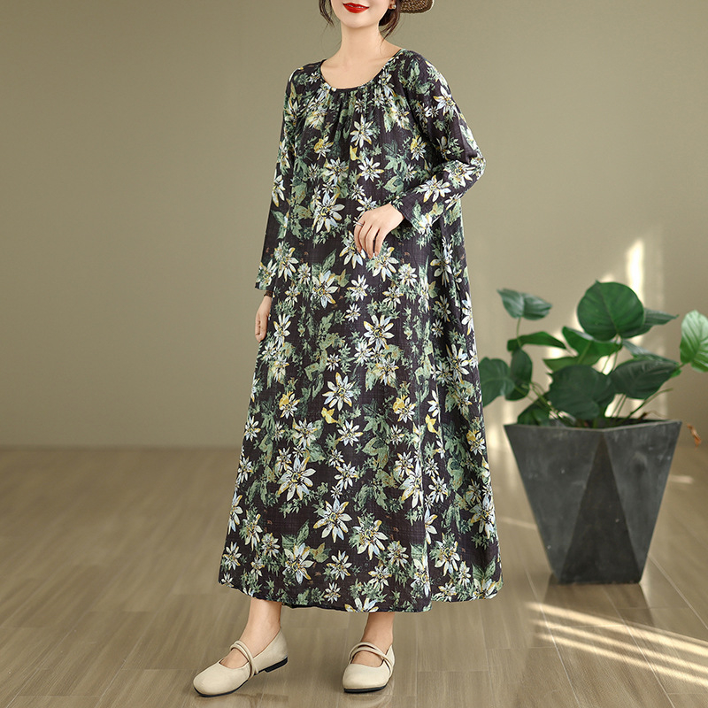 Rochie în linie A din bumbac-poliester, gât rotund, mâneci lungi cu volane, talie liberă, lungime medie, imprimeu floral (Toamna 2025)