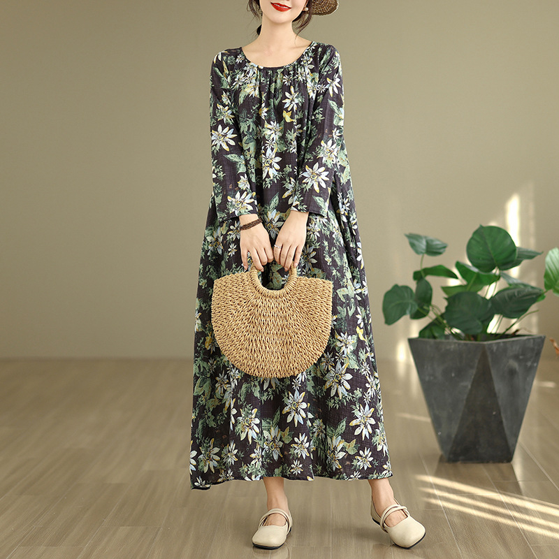 Rochie în linie A din bumbac-poliester, gât rotund, mâneci lungi cu volane, talie liberă, lungime medie, imprimeu floral (Toamna 2025)