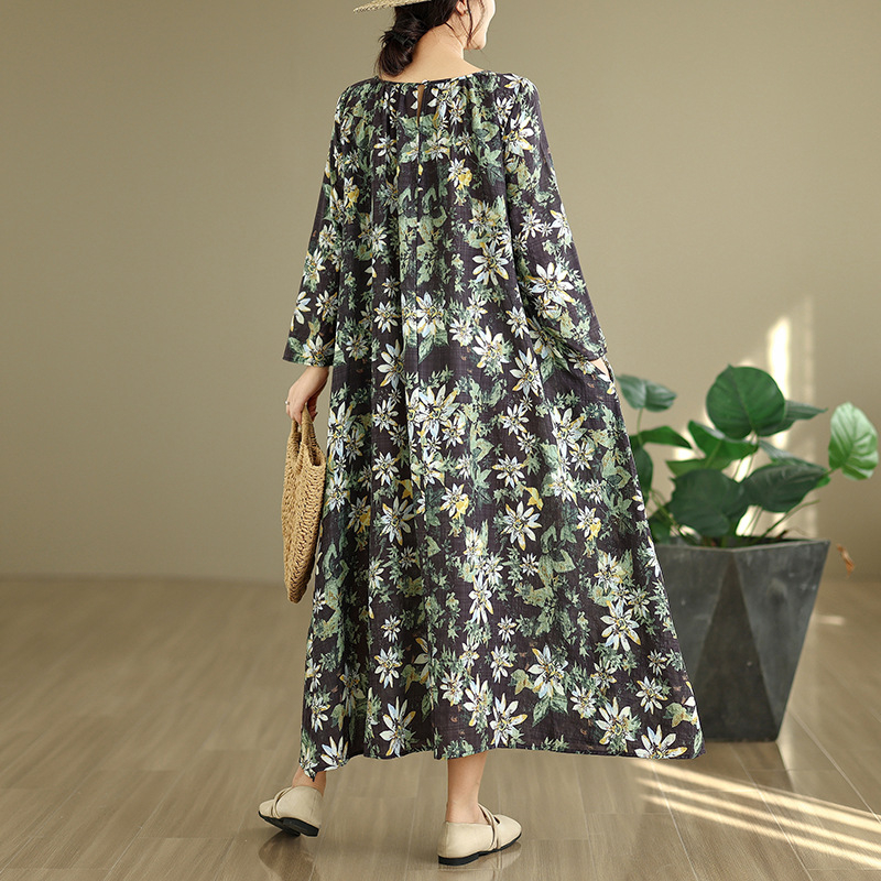 Rochie în linie A din bumbac-poliester, gât rotund, mâneci lungi cu volane, talie liberă, lungime medie, imprimeu floral (Toamna 2025)