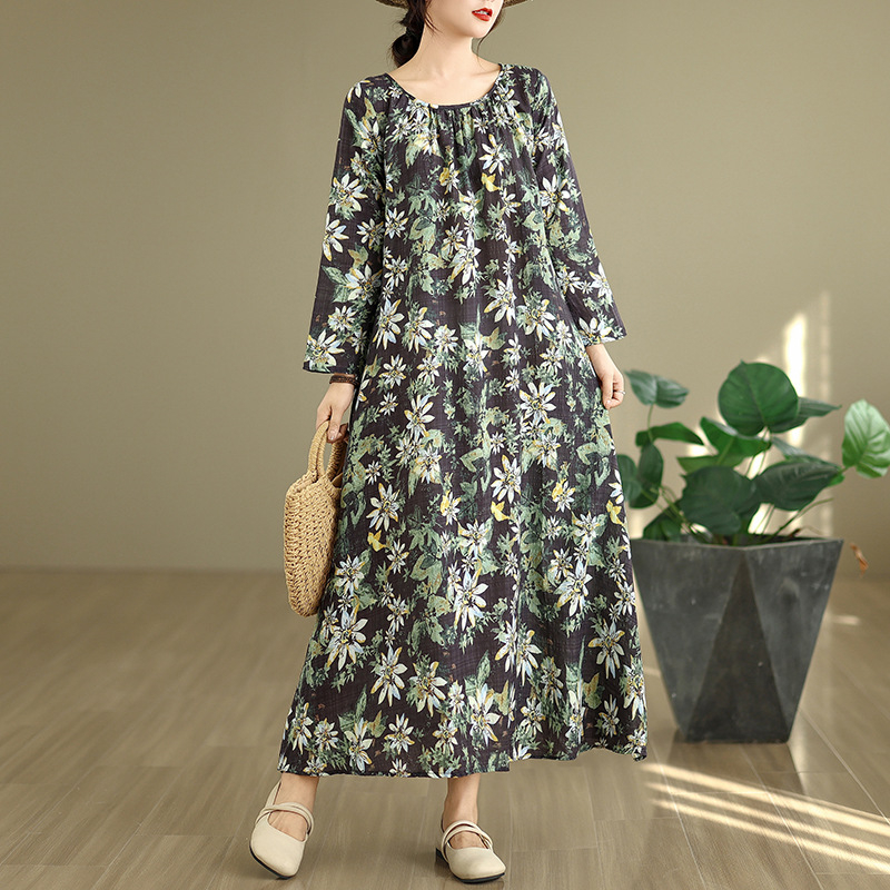 Rochie în linie A din bumbac-poliester, gât rotund, mâneci lungi cu volane, talie liberă, lungime medie, imprimeu floral (Toamna 2025)