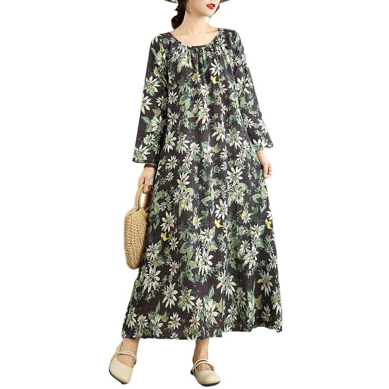 Rochie în linie A din bumbac-poliester, gât rotund, mâneci lungi cu volane, talie liberă, lungime medie, imprimeu floral (Toamna 2025)