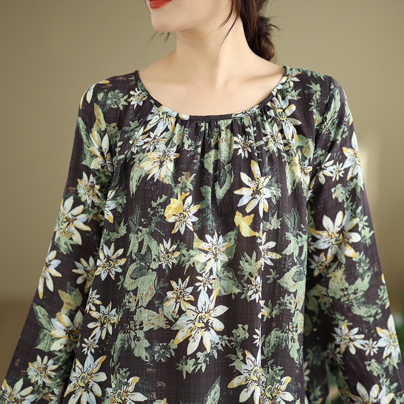 Rochie în linie A din bumbac-poliester, gât rotund, mâneci lungi cu volane, talie liberă, lungime medie, imprimeu floral (Toamna 2025)