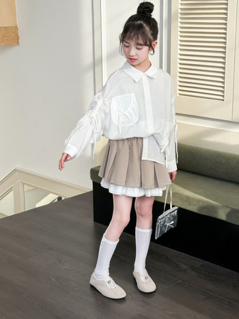 Σετ δύο τεμαχίων για κορίτσια: πουκάμισο με κουκούλα και φούστα με πιέτες, κορεάτικου στυλ, casual για άνοιξη και φθινόπωρο, μακριές μανίκια