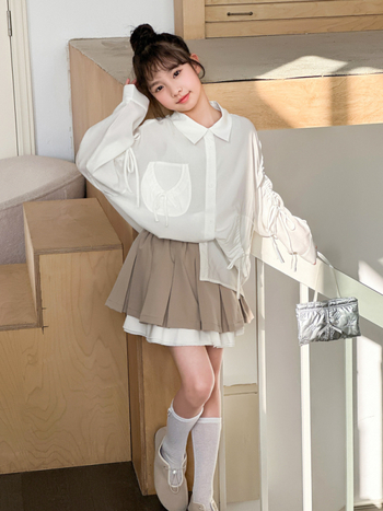 Σετ δύο τεμαχίων για κορίτσια: πουκάμισο με κουκούλα και φούστα με πιέτες, κορεάτικου στυλ, casual για άνοιξη και φθινόπωρο, μακριές μανίκια