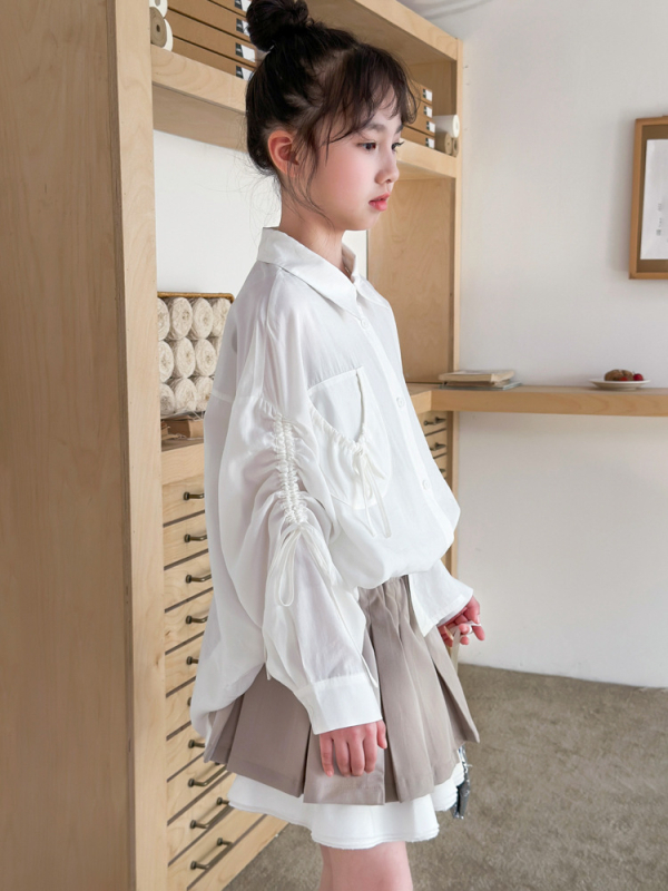 Σετ δύο τεμαχίων για κορίτσια: πουκάμισο με κουκούλα και φούστα με πιέτες, κορεάτικου στυλ, casual για άνοιξη και φθινόπωρο, μακριές μανίκια