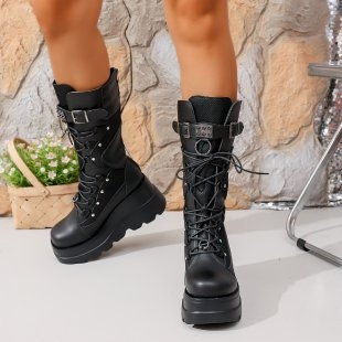 Ghete femei în stil cavaler, toc conic 6–8 cm, PU upper, talpă din cauciuc, închidere cu șireturi