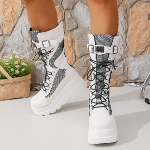 Ghete femei în stil cavaler, toc conic 6–8 cm, PU upper, talpă din cauciuc, închidere cu șireturi