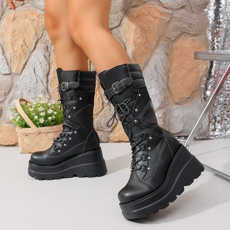 Ghete femei în stil cavaler, toc conic 6–8 cm, PU upper, talpă din cauciuc, închidere cu șireturi