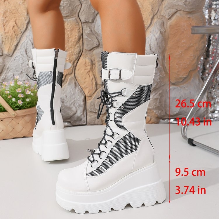 Ghete femei în stil cavaler, toc conic 6–8 cm, PU upper, talpă din cauciuc, închidere cu șireturi