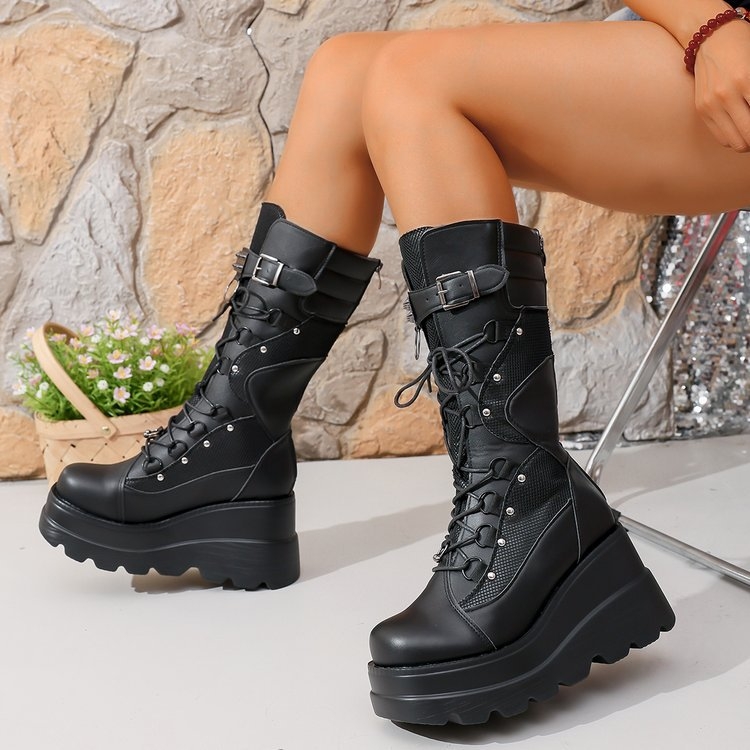 Ghete femei în stil cavaler, toc conic 6–8 cm, PU upper, talpă din cauciuc, închidere cu șireturi