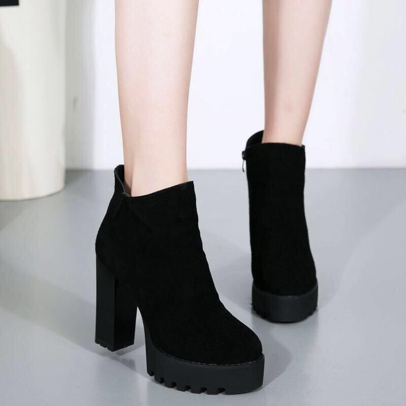 Ghete Martin pentru femei, cu fermoar lateral, partea superioară din piele microfibră, talpă din cauciuc, gambă joasă, toc mediu 6–8 cm, încălzite și antiderapante