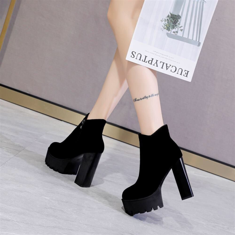 Ghete Martin pentru femei, cu fermoar lateral, partea superioară din piele microfibră, talpă din cauciuc, gambă joasă, toc mediu 6–8 cm, încălzite și antiderapante