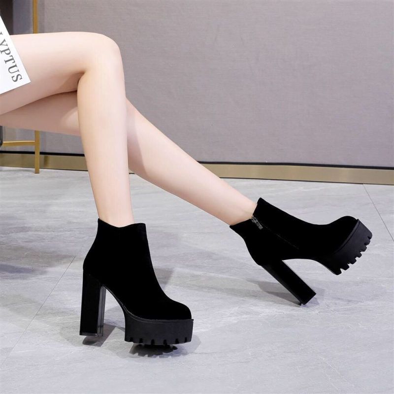 Ghete Martin pentru femei, cu fermoar lateral, partea superioară din piele microfibră, talpă din cauciuc, gambă joasă, toc mediu 6–8 cm, încălzite și antiderapante