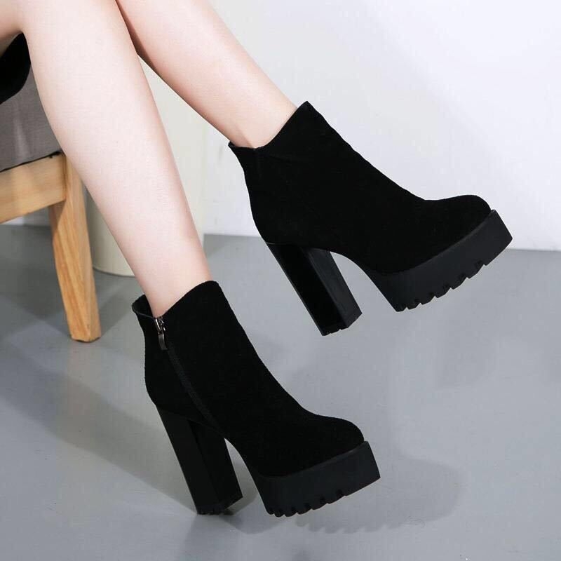 Ghete Martin pentru femei, cu fermoar lateral, partea superioară din piele microfibră, talpă din cauciuc, gambă joasă, toc mediu 6–8 cm, încălzite și antiderapante