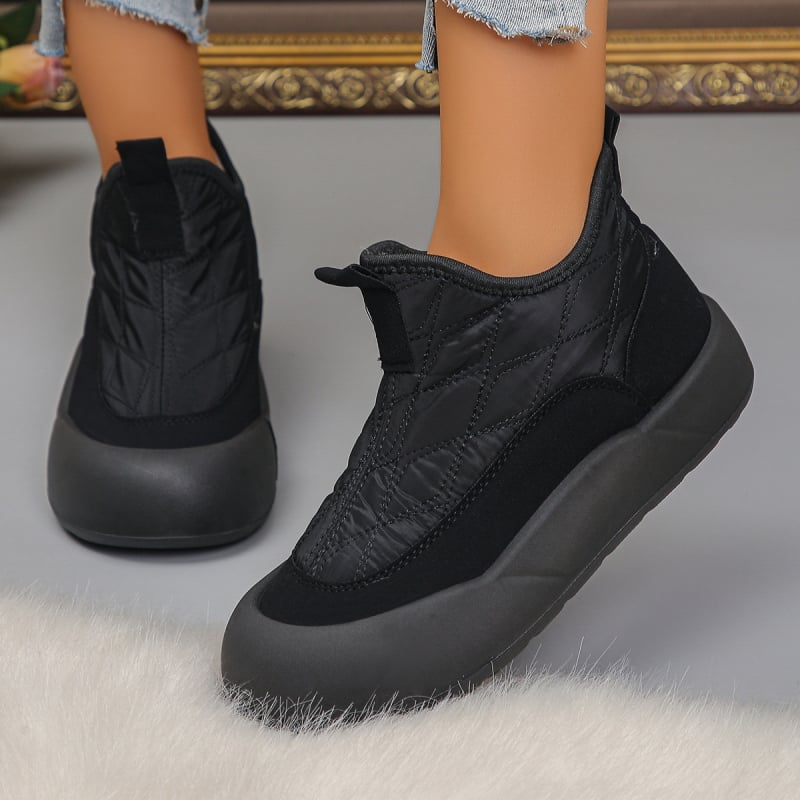 Moteriški medvilniniai bateliai Casual Žiemos vidutinio aukščio Slip-On su medvilnine viršutine, medvilninė įdaila, apvali nosis, PU padai