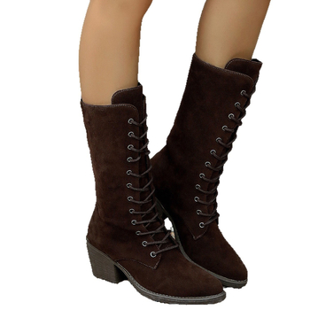 Ghete de damă de modă, până la jumătatea gambelor, velur, șiret în față, vârf ascuțit, toc gros